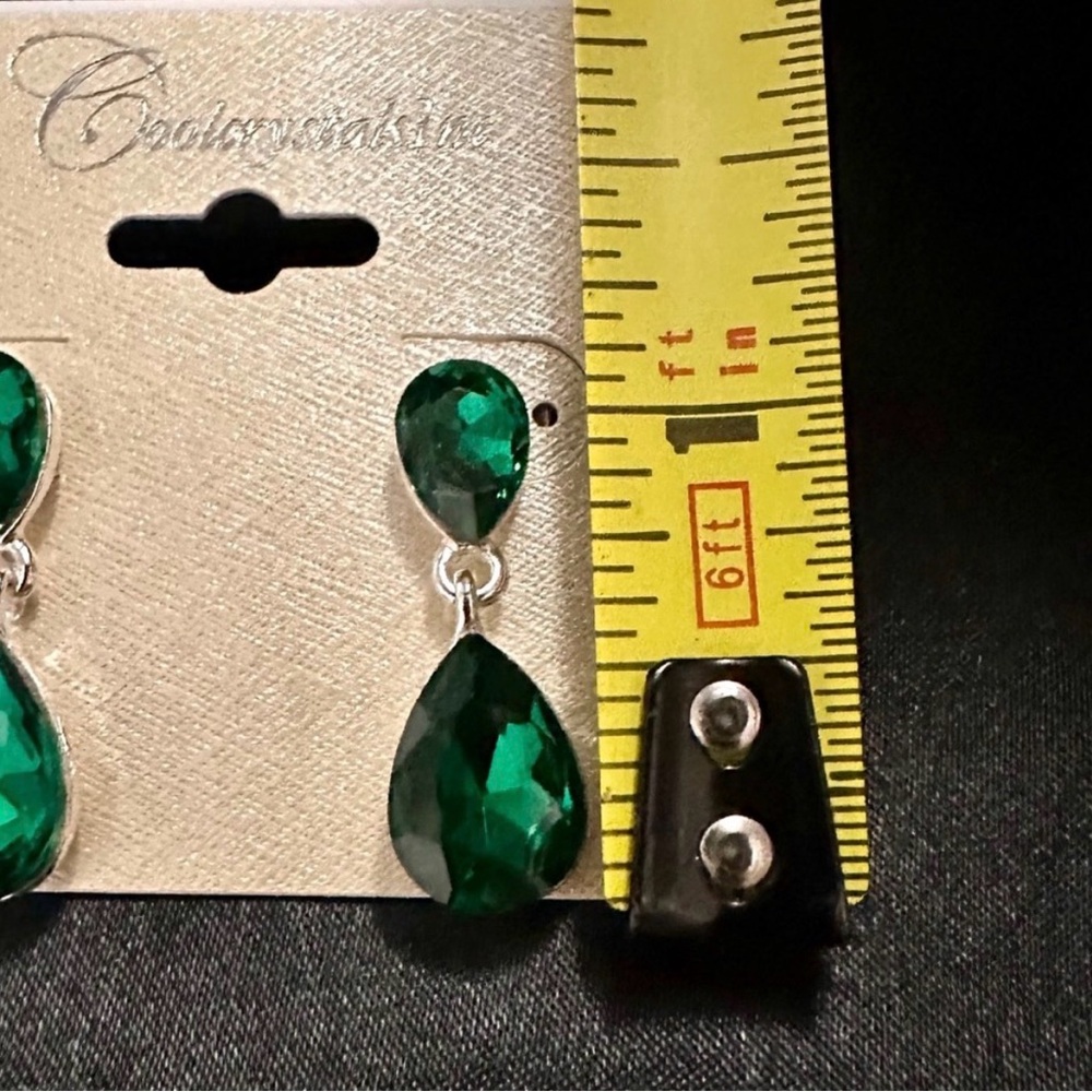 Emerald Green Crystal Drop Earrings Teardrop Dangle Silver Wedding Statement - Picture 8 of 9